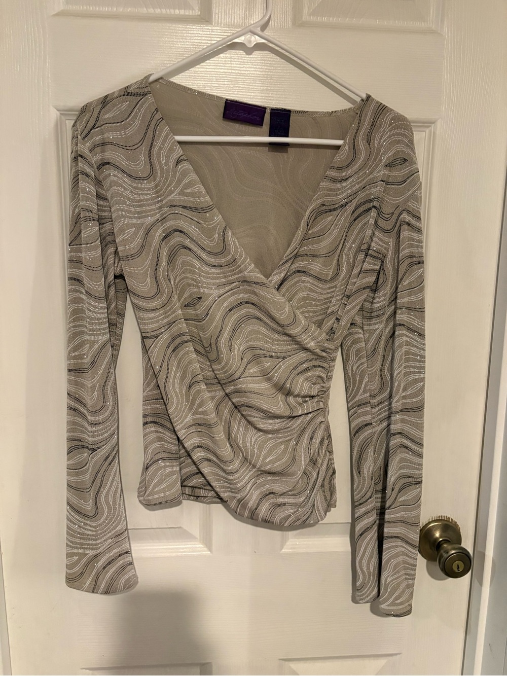 Metaphor Neutral Wave Draped V-Neck Blouse